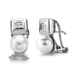 Pendientes en Oro Blanco de 18k con 14 mm. perla cultivada 7 mm. con