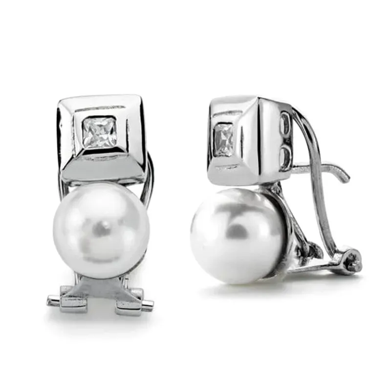 Pendientes en Oro Blanco de 18k con 14 mm. perla cultivada 7 mm. con