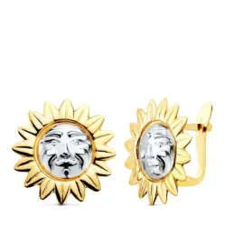 Pendientes en Oro Bicolor 18k con 15 mm. sol con cara acabado en bril