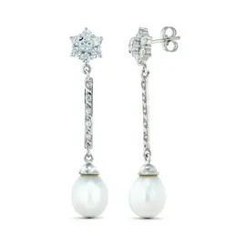 Pendientes Largos en Oro Blanco 18k con tres cuerpos cuajo circonitas