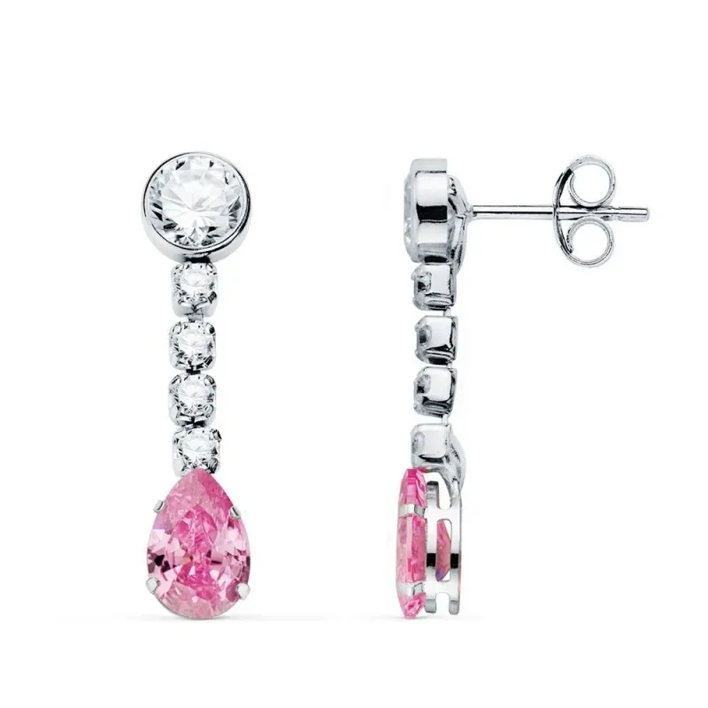 Pendientes Largos Oro Blanco 18k mujer 22 mm. piedra rosa forma gota