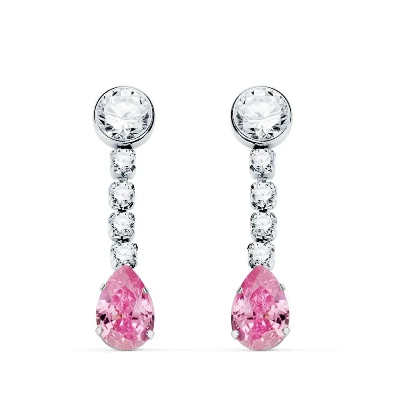 Pendientes Largos Oro Blanco 18k mujer 22 mm. piedra rosa forma gota