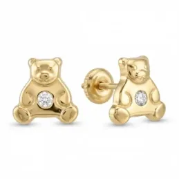 Pendientes oro 18K tornillo oso grande circonita 8x9mm. [5256]