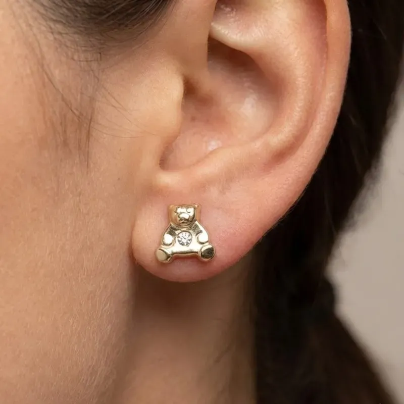 Pendientes oro 18K tornillo oso grande circonita 8x9mm. [5256]