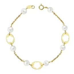 Pulsera oro 18k primera comunión 17.5cm. flores perlas [AB2330]