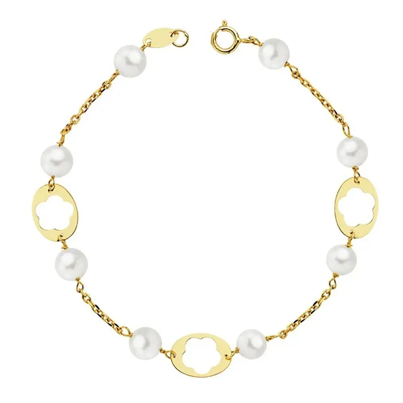 Pulsera oro 18k primera comunión 17.5cm. flores perlas [AB2330]