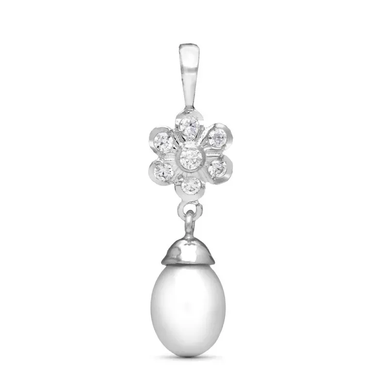 Colgante en Oro Blanco de 18k con perla combinada circonitas forma fl