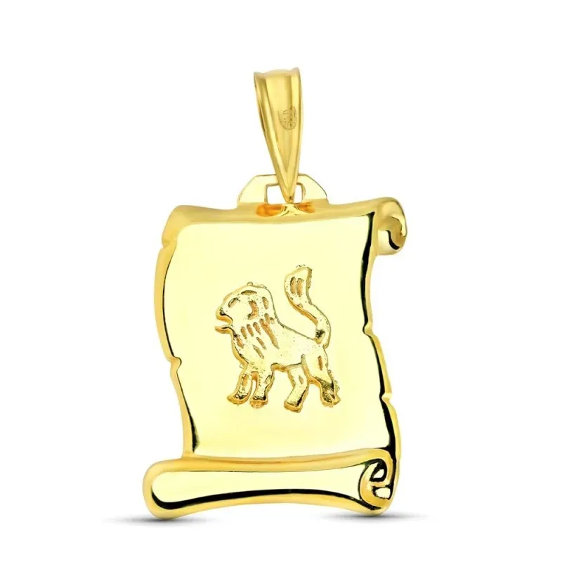 Pergamino Colgante Oro 18k placa con detalle horóscopo Leo. Grabación