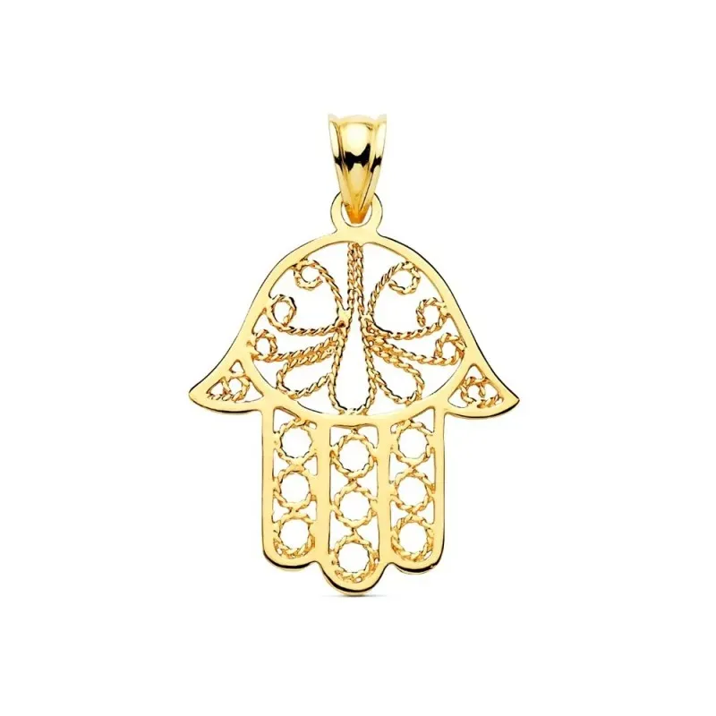 Mano de Fátima Colgante Amuleto en Oro 18k de 32 mm. calada