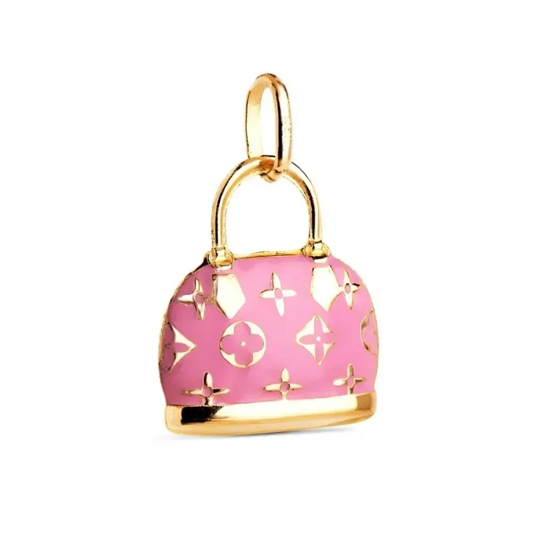Colgante Oro 18k de 15 mm. con forma de bolso esmaltado color rosa