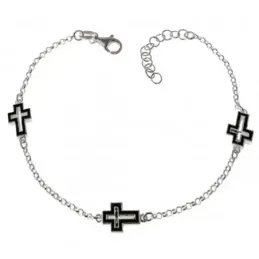 Pulsera Plata Ley 925m mujer 17 cm. cadena rolo cruces esmaltadas neg