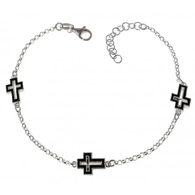 Pulsera Plata Ley 925m mujer 17 cm. cadena rolo cruces esmaltadas neg