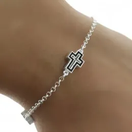 Pulsera Plata Ley 925m mujer 17 cm. cadena rolo cruces esmaltadas neg