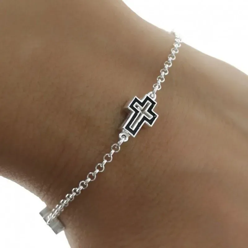 Pulsera Plata Ley 925m mujer 17 cm. cadena rolo cruces esmaltadas neg
