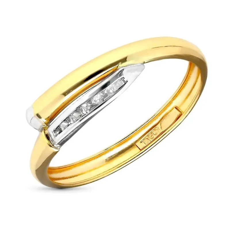 Sortija en Oro Bicolor de 9k con circonita y ancho máximo de 5.5 mm.