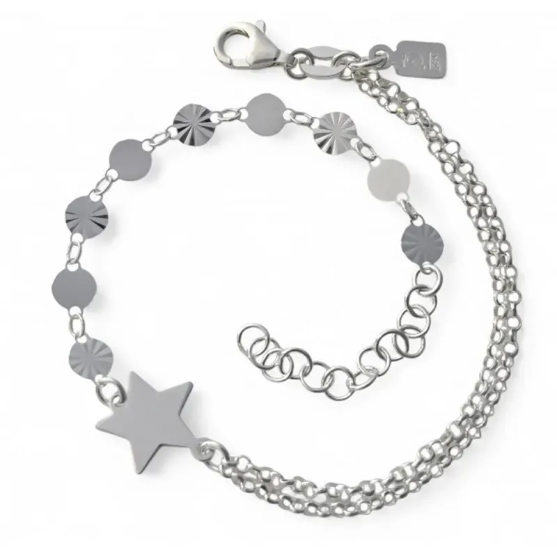 Pulsera en Plata de Ley 925m con 17 cm. doble cadena estrella 10 mm.