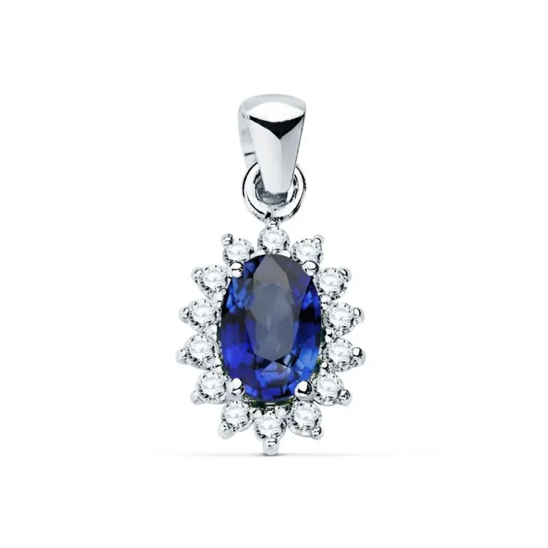 Colgante oro blanco 18k mujer 10 mm. zafiro combinado 14 diamantes 0.