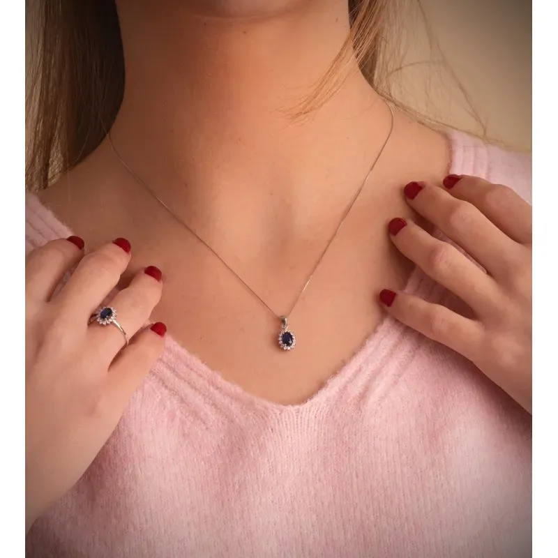 Colgante oro blanco 18k mujer 10 mm. zafiro combinado 14 diamantes 0.