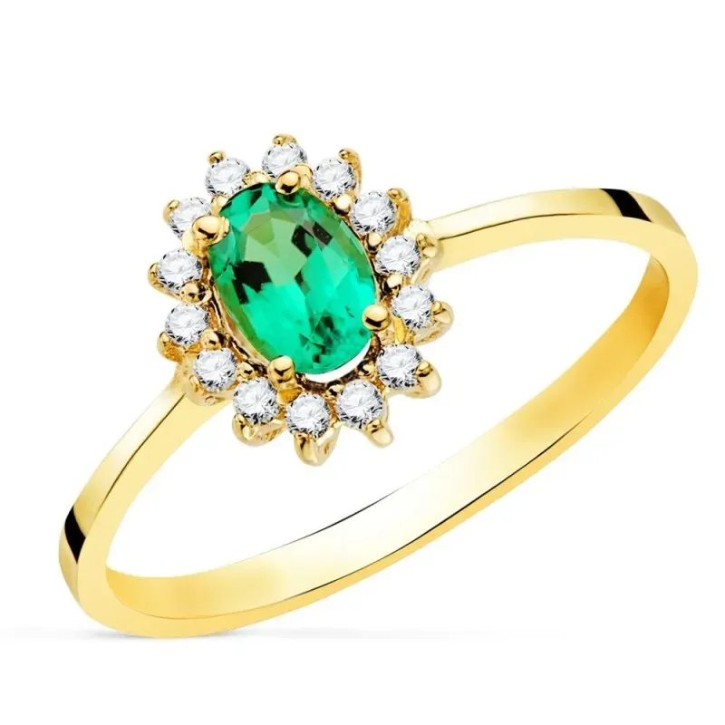Sortija Oro 18k mujer esmeralda centro 0.039ct. combinada 14 diamante