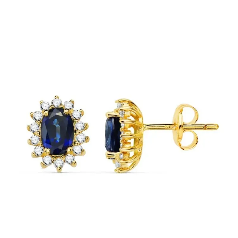 Pendientes Oro 18k mujer 10 mm. zafiro centro 1.24ct. combinado 14 di