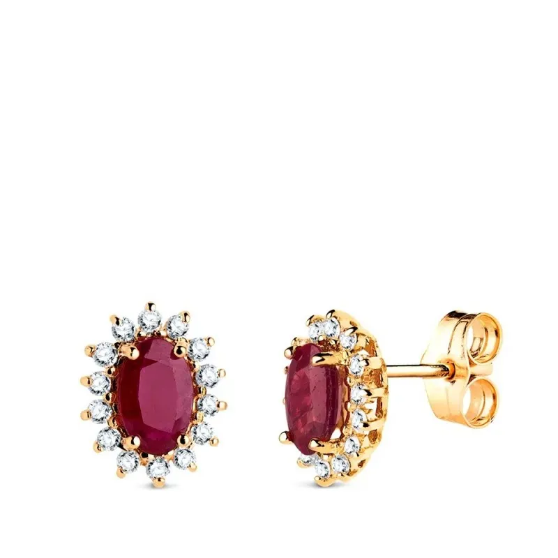 Pendientes en Oro de 18k con 10 mm. rubí de 6 mm. 1.10ct. con 14 diam
