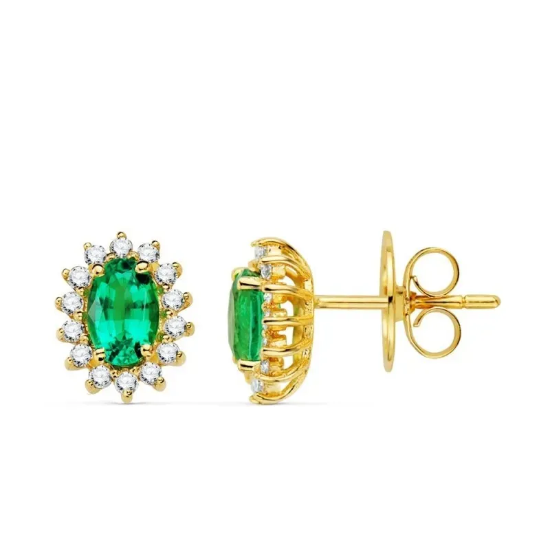 Pendientes Oro 18k mujer 10 mm. esmeralda centro 0.78ct. combinada 14