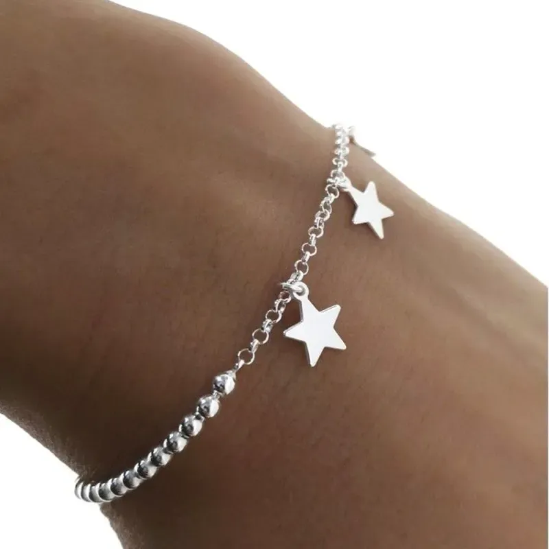 Pulsera plata Ley 925m mujer 17 cm. cadena rolo bolas 2.5 mm. estrell