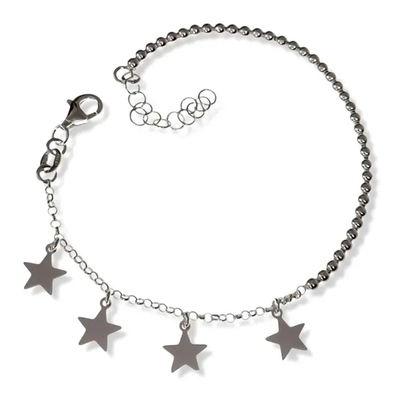 Pulsera plata Ley 925m mujer 17 cm. cadena rolo bolas 2.5 mm. estrell