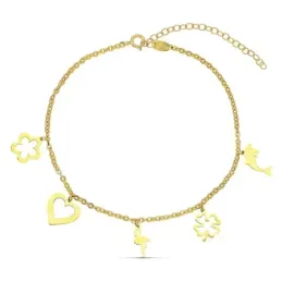 Pulsera Tobillera en Oro de 9k con 20 cm. flor corazón flamenco trébo