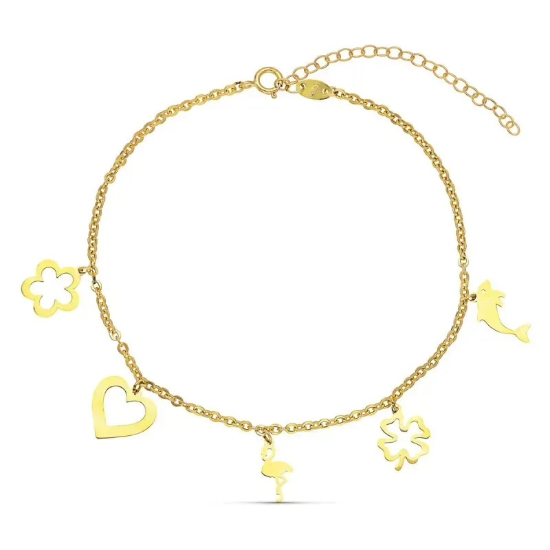 Pulsera Tobillera en Oro de 9k con 20 cm. flor corazón flamenco trébo