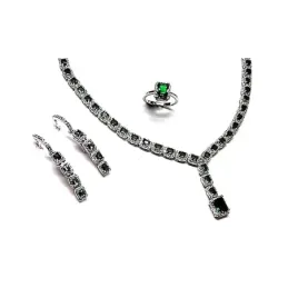 Juego plata Ley 925m rodiado liso piedras verde circonita [AB0867]