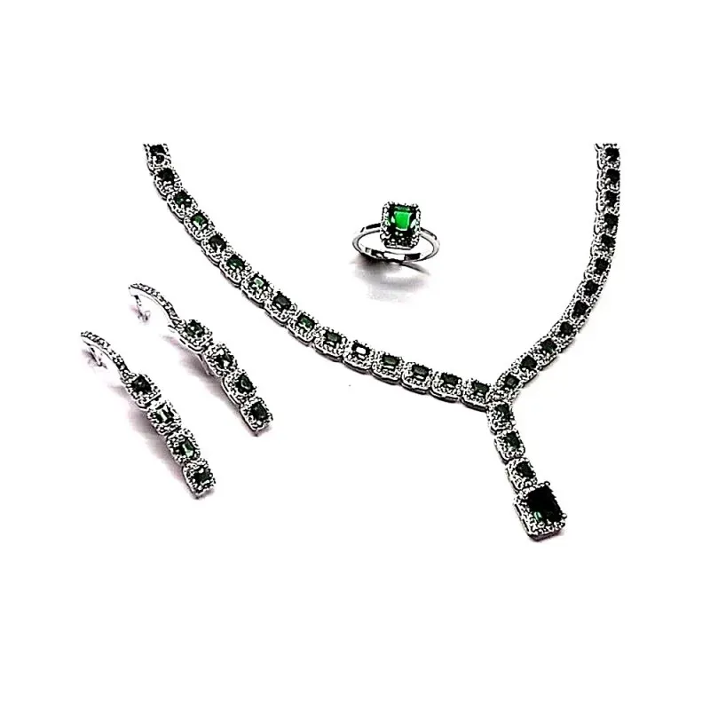 Juego plata Ley 925m rodiado liso piedras verde circonita [AB0867]