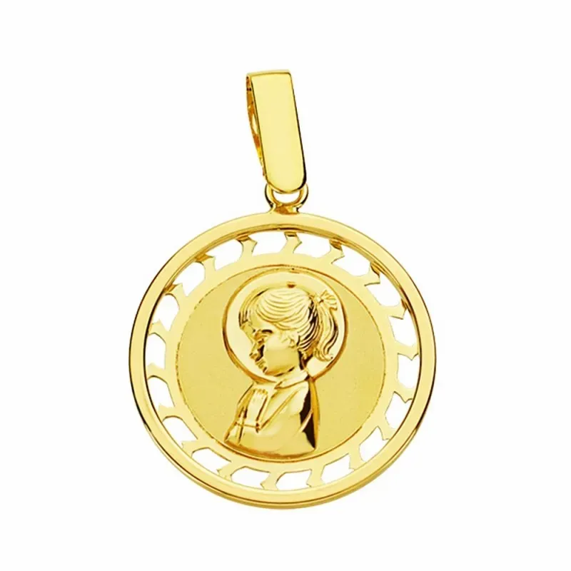 Medalla oro 18k virgen nina 17mm. cerco calado [AA2030]