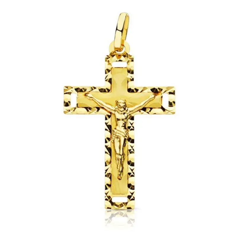 Crucifijo oro 18k Cristo cruz 27 mm. centro lisa bordes tallados esqu