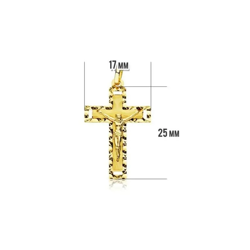 Crucifijo oro 18k Cristo cruz 27 mm. centro lisa bordes tallados esqu
