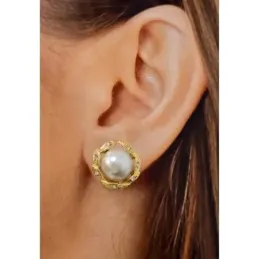 Pendientes Plata de Ley 925m chapados oro 17 mm. con perla 12 mm. y c
