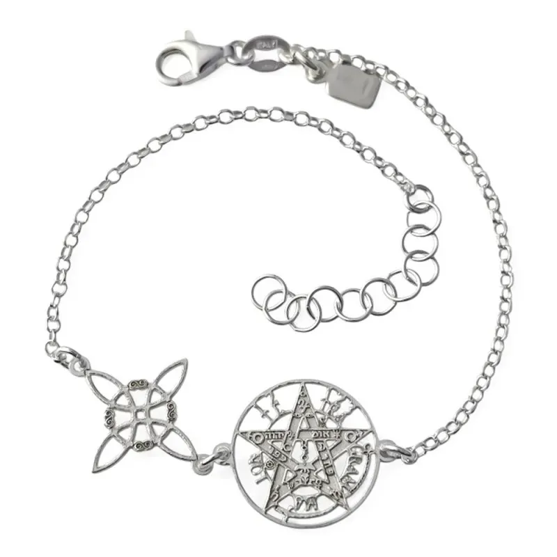 Tetragramatón Nudo de Bruja Pulsera Plata de Ley 17 cm. cadena rolo a