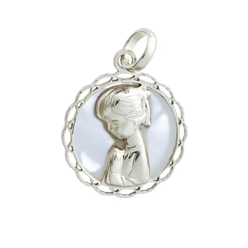 Virgen Niña Medalla en Plata de Ley 925m Primera Comunión 18 mm. con
