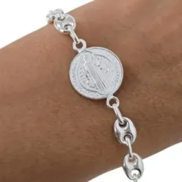 San Benito Pulsera en Plata Ley 925m 19 cm. calabrote 8 x 6 mm. medal