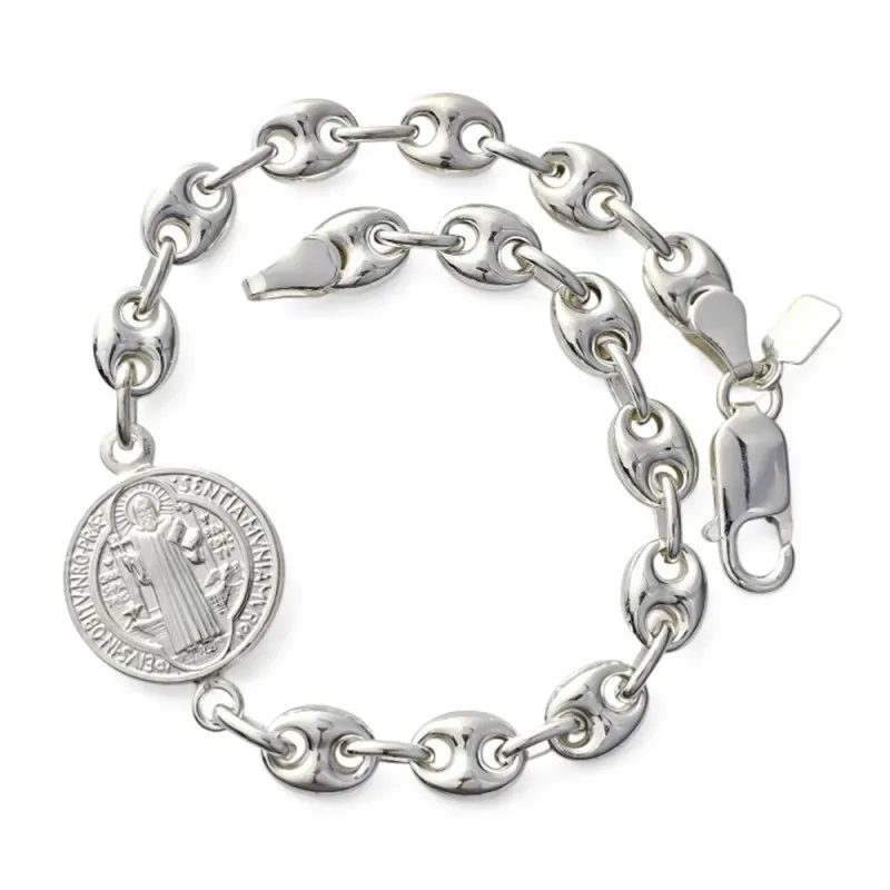 San Benito Pulsera en Plata Ley 925m 19 cm. calabrote 8 x 6 mm. medal