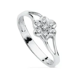 Sortija oro blanco 18k flor circonitas primera comunión [AB0752]