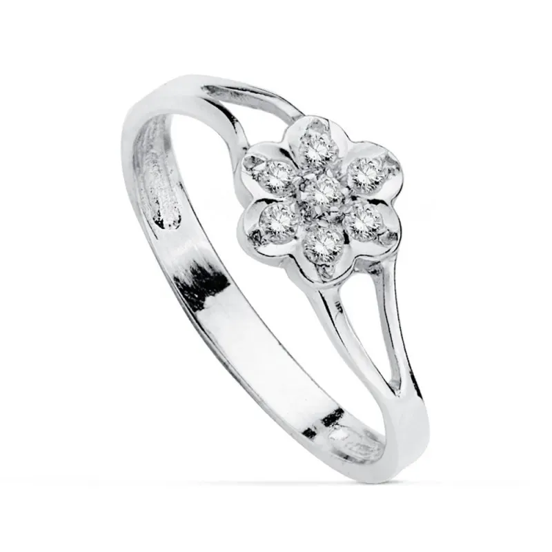 Sortija oro blanco 18k flor circonitas primera comunión [AB0752]