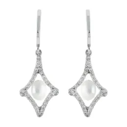 Pendientes Oro Blanco 18k modelo Daniela (52 diamantes 0,90mm. 0,19 cts.) (2 perlas cultivadas 6mm.)