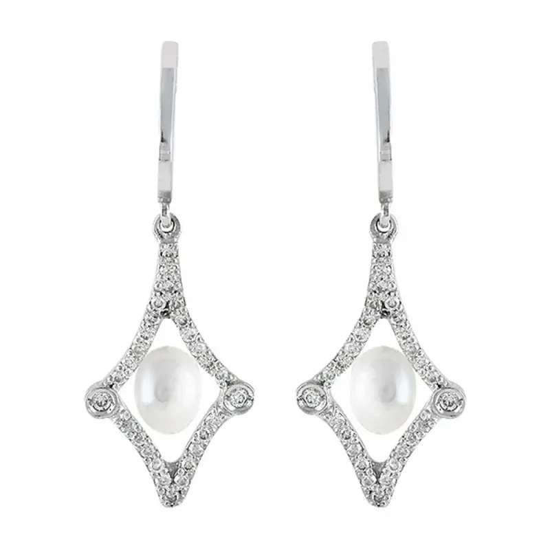 Pendientes Oro Blanco 18k modelo Daniela (52 diamantes 0,90mm. 0,19 cts.) (2 perlas cultivadas 6mm.)