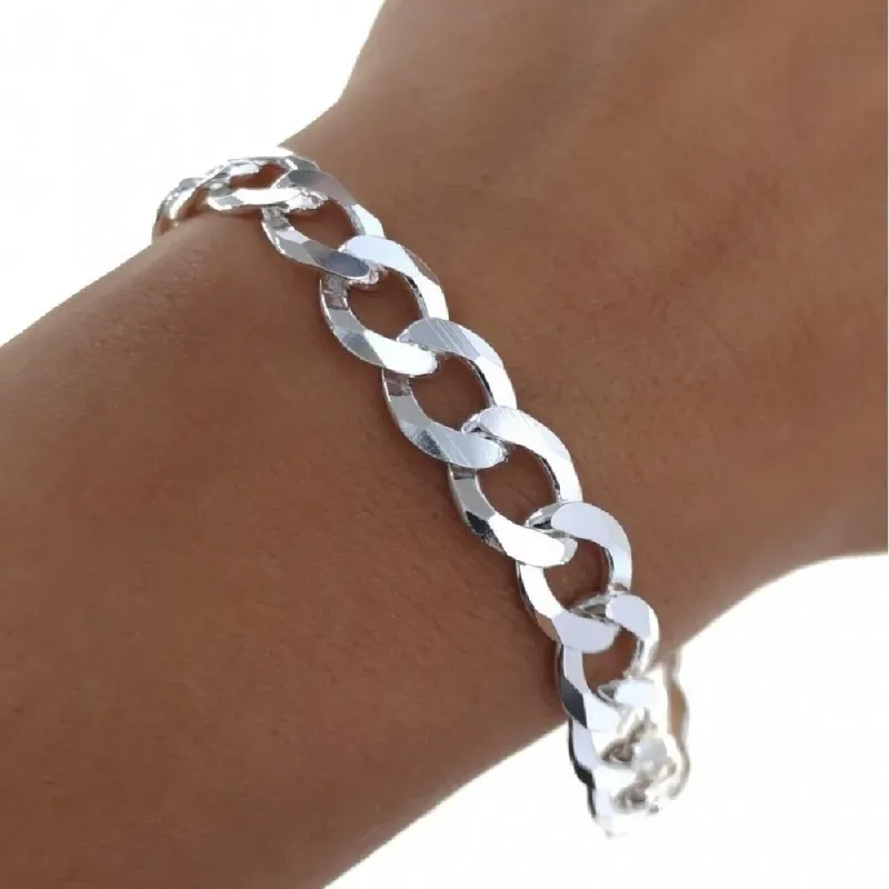 Pulsera plata Ley 925m hombre 19 cm. barbada lisa 9 mm. mosquetón