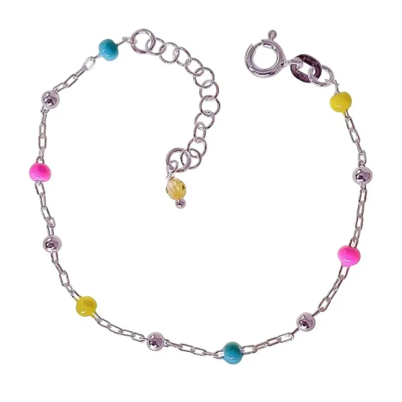 Pulsera Plata Ley 925m niña 15 cm. bolas esmaltadas colores 3.2 mm. b