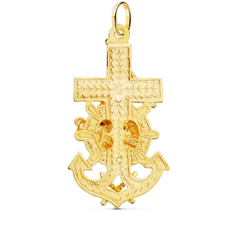 Colgante oro 18k cruz marinera 47mm. Virgen del Carmen detalles tallados