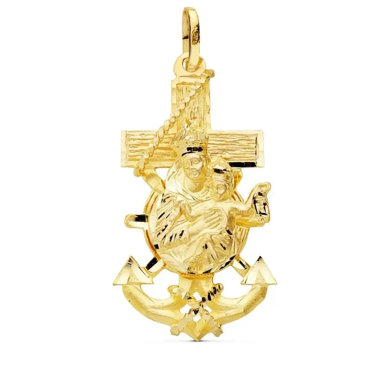 Virgen del Carmen Cruz Marinera oro 18k mujer 40 mm. colgante detalle