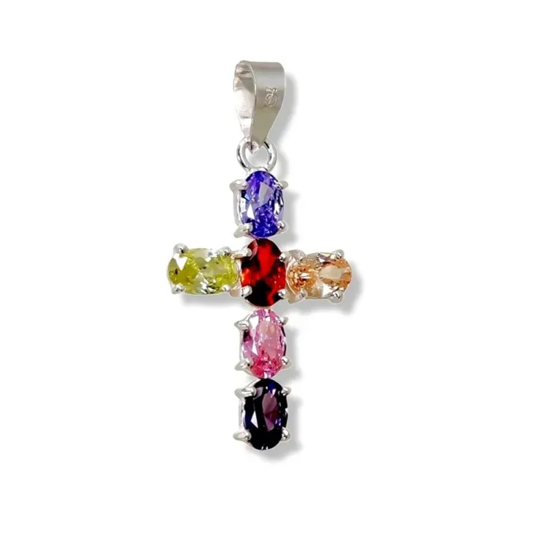Cruz colgante plata Ley 925m mujer 25 mm. circonitas colores combinad