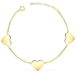 Pulsera Oro 18k mujer 18 cm. tres corazones brillo lisos 12 x 10 mm.